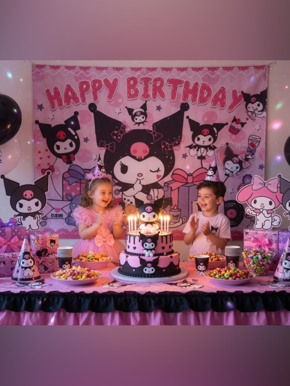 Kuromi Pink Birthday Party Backdrop cloth banner